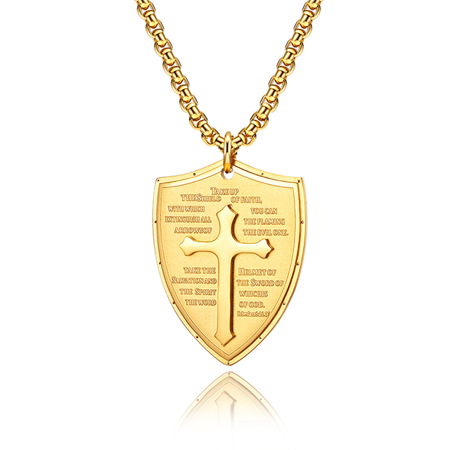 Men's Gold Silver Black Shield Cross Christian Necklace